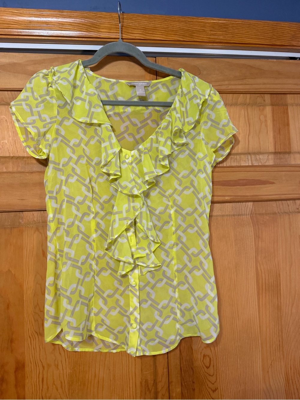 Banana Republic Bright Yellow Chain-Print Ruffle Blouse